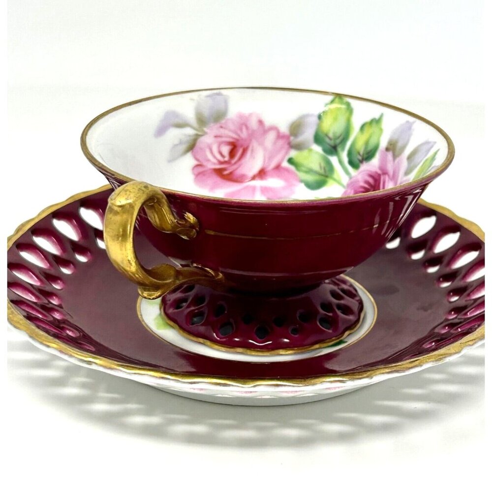 Vintage SAJI Double Reticulated Footed Tea Cup & Saucer with Gold Trim Japan